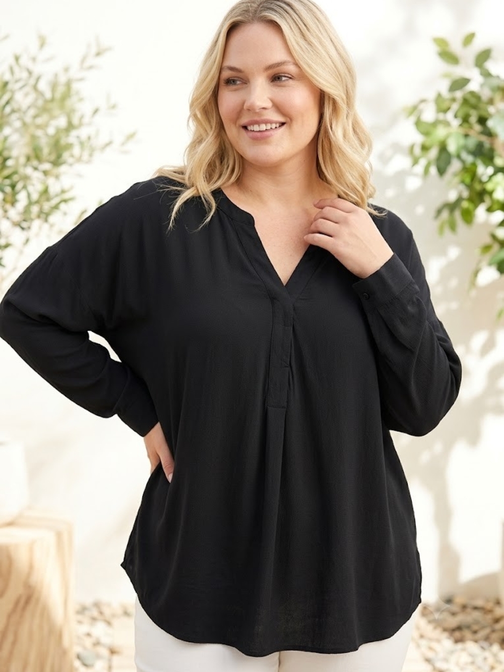 Addition Elle Plus V-Neck Long Sleeve Tunic Lagenlook Flowy Blouse